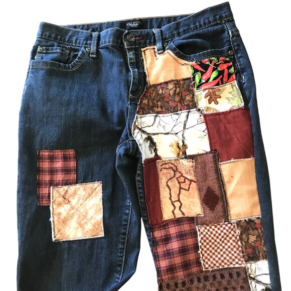 Upcycled Southwest Patchwork Jeans, Women’s 12P: Handmade Aztec Tribal Patches - Picture 4 of 12